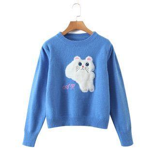 Cat Themed Cropped Sweater Cat - Blue & White - One Size