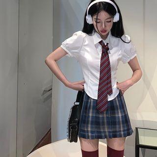 Short-sleeve Neck Tie Shirt / Plaid Mini Pleated Skirt