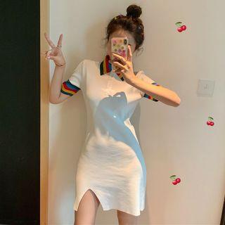 Contrast Trim Short-sleeve Knit Polo Dress White - One Size