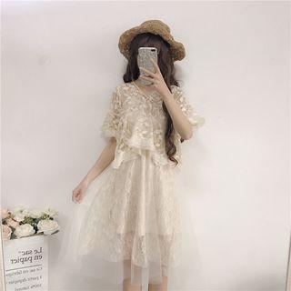 Set 2-piece Lace Top + Medium Long Mesh Spaghetti-strap Dress White - One Size