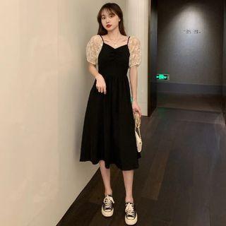 Lace Panel V-neck Midi Dress