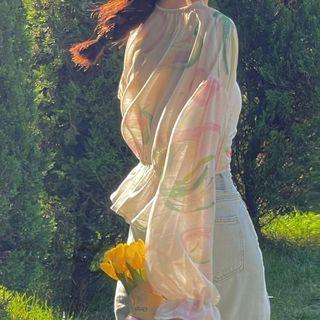 Ruffle-sleeve Smocked Elastic-waist Chiffon Top