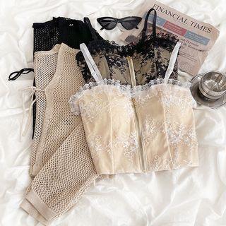 Lace Trim Cropped Camisole Top / Long-sleeve Plain Cardigan