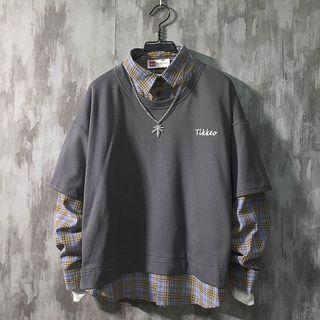 Long-sleeve Mock Two-piece Plaid Sweatshirt