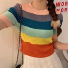Short-sleeve Striped Ribbed Knit Top Stripe - One Size