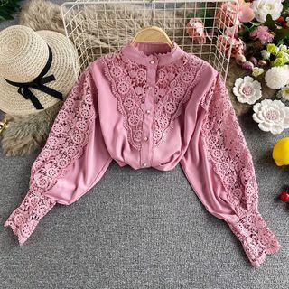 Crochet-lace Panel Long-sleeve Shirt Pink - One Size