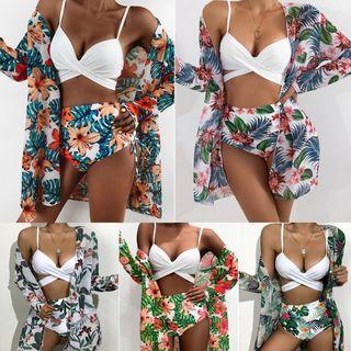 Set: Plain Bikini Top + Floral Bottom + Cover-up