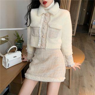 Fringed Trim Cropped Buttoned Jacket / Tweed A-line Skirt