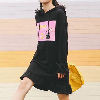 Printed Ruffle Hem Hoodie Dress