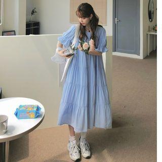 Short-sleeve Plain A-line Dress Blue - One Size