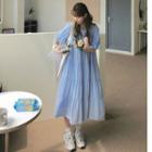 Short-sleeve Plain A-line Dress Blue - One Size