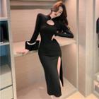 Long-sleeve Keyhole Slit Sheath Dress