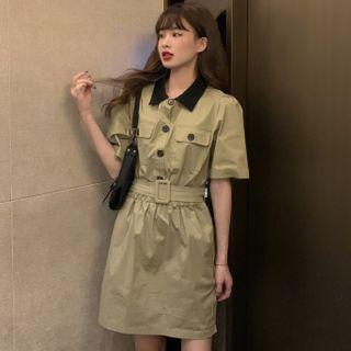 Short-sleeve Belted Shirtdress As Shown In Figure - One Size
