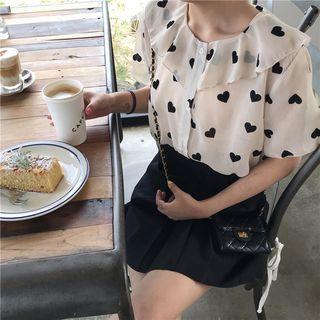 Heart Print Ruffle-trim Blouse