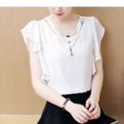 Ruffle Trim Cap Sleeve Pendant Detailed Top