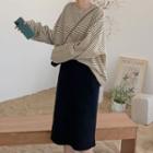Oversize Striped Sweatshirt / High-waist Plain Knit Skirt
