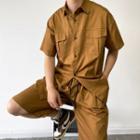 Set: Short Sleeve Plain Cargo Shirt + Drawstring Shorts