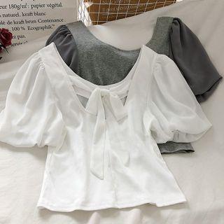 Plain Tie-bow Puff-sleeve Blouse