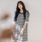 Elbow-sleeve Lace-trim Patterned Dress