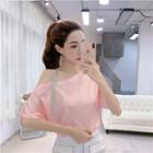 Elbow-sleeve Cold Shoulder Rhinestone Strap T-shirt