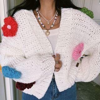 Flower Detail Open-front Chunky Knit Cardigan Colorful Flowers - White - One Size