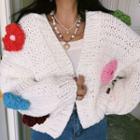 Flower Detail Open-front Chunky Knit Cardigan Colorful Flowers - White - One Size