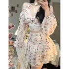 Cold-shoulder Floral Print Crop Blouse / A-line Skirt