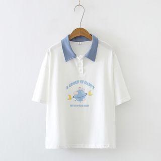Short-sleeve Contrast Collar Cartoon Print Polo Shirt White - One Size