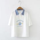 Short-sleeve Contrast Collar Cartoon Print Polo Shirt White - One Size