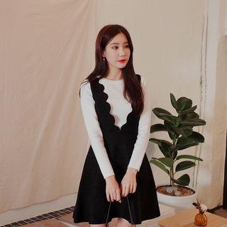 Inset Knit Top Scallop-trim A-line Dress