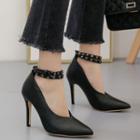 Faux Leather Studded Ankle Strap High Heel Pumps