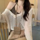 Set: V-neck Crop Knit Top + Striped Camisole Top Set Of 2 - Almond & Brown - One Size