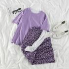 Plain Short-sleeve T-shirt / Mock-neck Long-sleeve Sheer Top / Floral Skirt