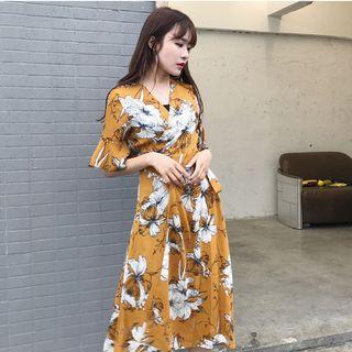 Short-sleeve Wrapped Chiffon Dress