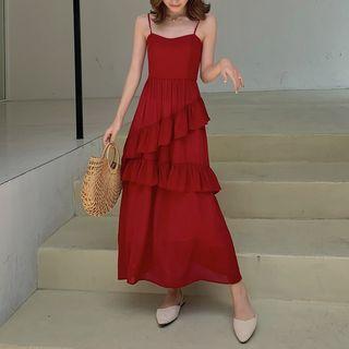 Ruffle Strappy Maxi Dress Wine Red - One Size