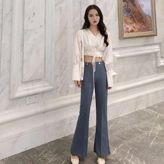 Lantern-sleeve Crop Top / Boot-cut Pants