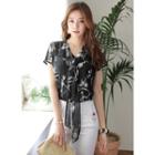 Tie-neck Cap-sleeve Floral Chiffon Top Black - One Size