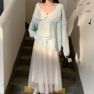 V-neck Bow-accent Loose-fit Cardigan / Accordion Pleat Mesh Midi Skirt