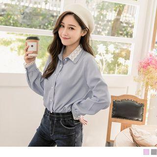 Lace Panel Beaded Buttoned Striped Blouse
