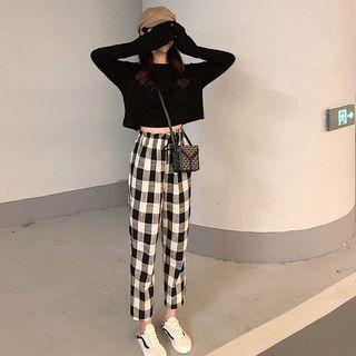 Set: Long Sleeve Cropped T-shirt + Check Pants