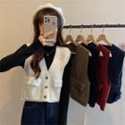 V-neck Pocket Vest Cardigan / Round-neck Long-sleeve Knit Top