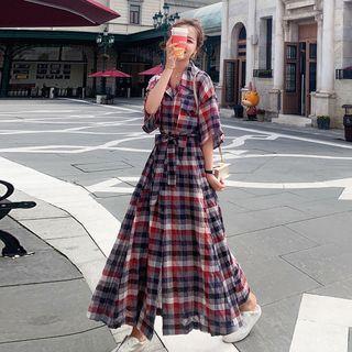 Elbow-sleeve Plaid Maxi A-line Shirtdress