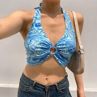 Halter-neck Marble Print O-ring Cropped Camisole Top