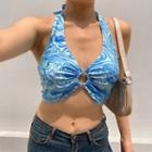 Halter-neck Marble Print O-ring Cropped Camisole Top