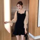 Ruffle Hem Mesh Panel Long-sleeve A-line Dress