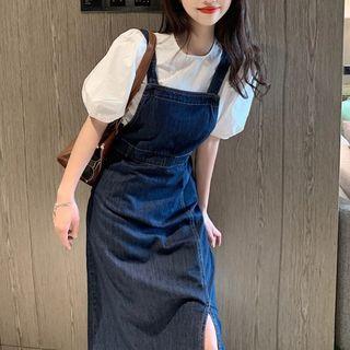 Short-sleeve Top / Denim Midi Overall Dress / Set