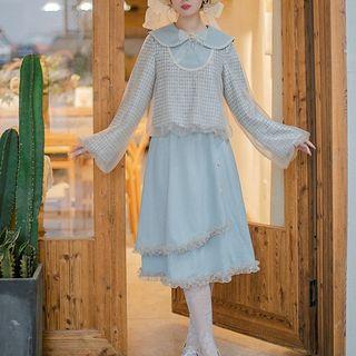 Puff-sleeve Mesh Blouse / Ruffle Trim Midi Skirt