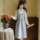 Mock Two-piece Puff-sleeve Plaid Midi A-line Dress