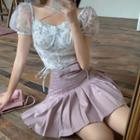 Puff-sleeve Top / Pleated Mini A-line Skirt
