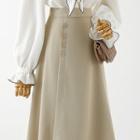 Tie-neck Puff-sleeve Blouse / Asymmetrical Midi A-line Skirt